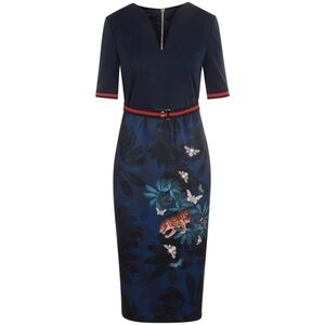 Ted Baker London Navy Floral Midi Dress Size 3